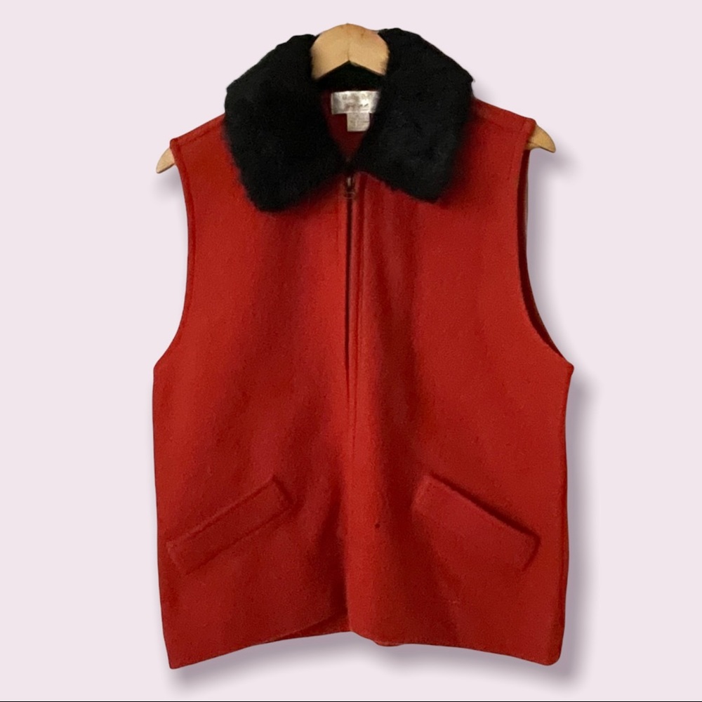 Vintage Tally-Ho Red Wool Vest with Faux Fur Collar